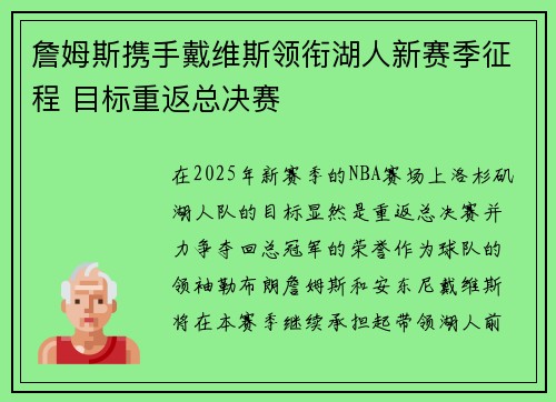 詹姆斯携手戴维斯领衔湖人新赛季征程 目标重返总决赛