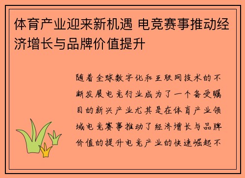 体育产业迎来新机遇 电竞赛事推动经济增长与品牌价值提升